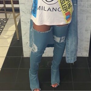 Denim Thigh High Peep Toe Boots Distressed Jean Boots Size 10